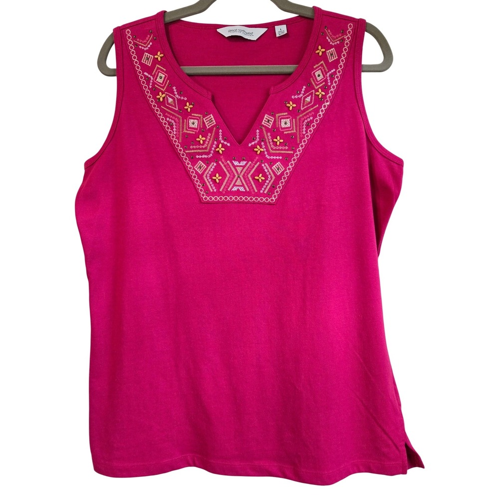 Great Northwest Boho Knit Pink Embroidered Beaded V-Neck Tank Top Womens L